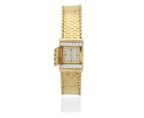DIAMOND-SET BRACELET/WATCHOf brick-linking, the centrepiece accented with brilliant-cut diamonds, with concealed watch openin
