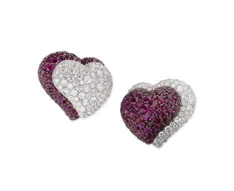 DE GRISOGONO: RUBY AND DIAMOND EARRINGSEach of heart design, set with circular-cut rubies and brilliant-cut diamonds,  diamon