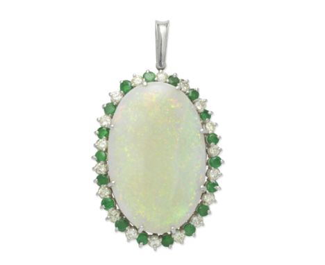 OPAL, EMERALD AND DIAMOND PENDANTThe opal cabochon within a circular-cut emerald and brilliant-cut diamond surround,  length 