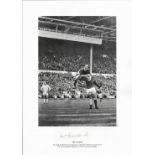 Pat Crerand signed 16x12 black and white print. The usually unruffled Pat Crerand leaps for joy as