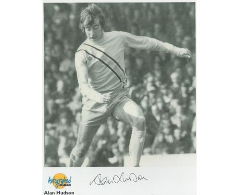 Football. Alan Hudson Signed 10x8 black and white Autographed Editions page. Bio description on the rear. Photo shows Hudson 