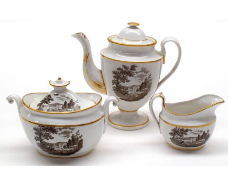 Factory Z three-piece coffee service of pot, sucrier and creamer, c.1810, pattern '453', shepherd with sheep and cattle.  (3)