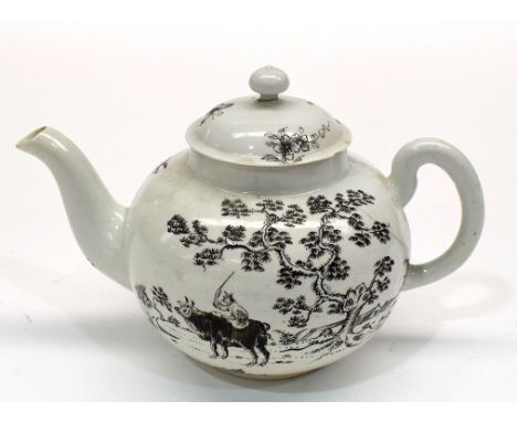 A Worcester soft paste globular teapot, c.1760, black decoration of a figure on a buffalo, trees, flowers and butterflies.