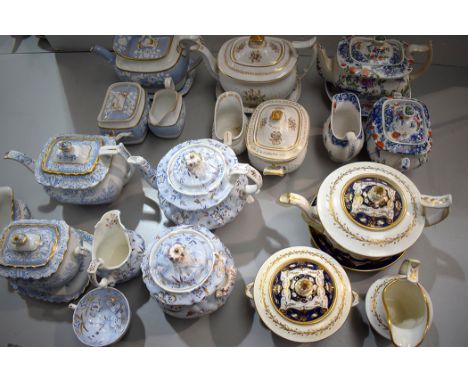 19th Century tea sets; sucriers and milk jugs, five with stands, one with an additional tea cup, by Rathbone; Newhall; Machin