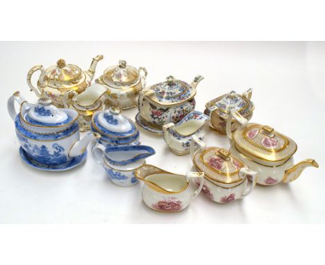Four sets of teapots, sugar bowls and milk jugs, two on stands, by Minton; Herculaneun; Grainger's Worcester; and possibly Da