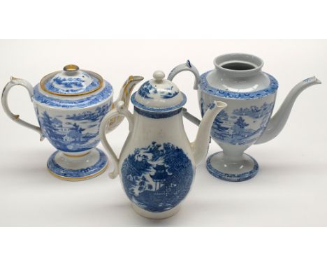 A Worcester soft paste coffee pot, c.1780, blue transfer decorated with chinoiserie landscape; a Mason's patent Ironstone cof
