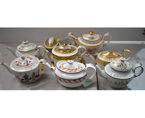 19th Century oval teapots, makers to include: Newhall; Barr Worcester; Factory Z; Spode; Derby; and others.  (10)