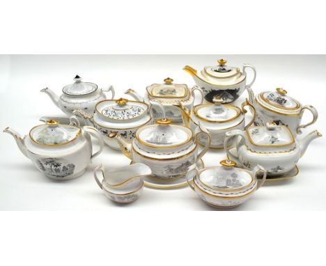 Black and white painted early 19th Century teapots with gilt decoration, by Spode; Coalport; Bowyers; Factory Z, decorated Co