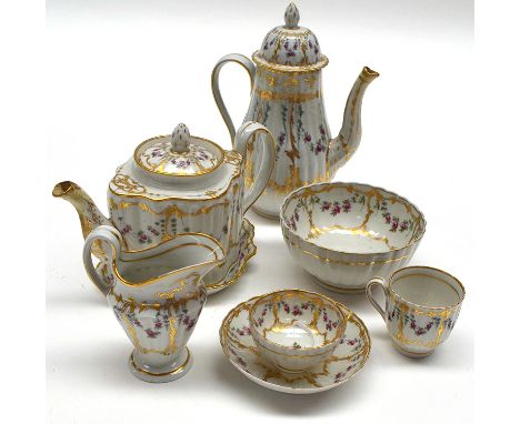 Newhall tea and coffee part service, to include: commode-shaped teapot on stand, coffee pot, slop bowl, creamer, tea bowl, sa
