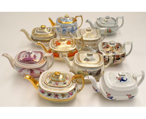 Oval teapots, makers include: Spode; Ridgeway; Coalport; and others, one on stand.  (11)