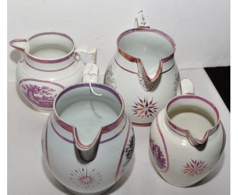 An earthenware jug, decorated in pink lustre with black print of a shepherdess; another black printed earthenware jug, possib