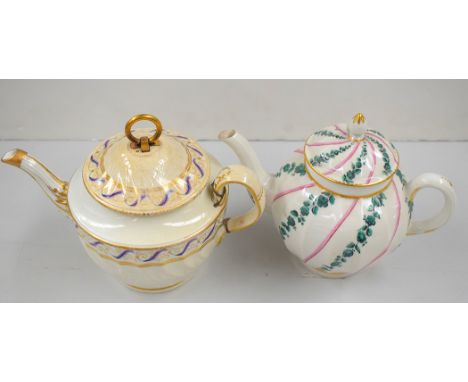 A Chelsea Derby globular teapot, c.1775, hand decorated green leaf design; together with a Neale & Co. teapot, c.1790.  (2)