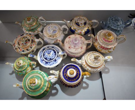 Twelve circular 19th Century teapots, mainly of squat form, makers to include: Hilditch; Ridgeway; Spode; Minton; Alcock; Roc