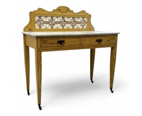 Late 19th century pine washstand, rectangular marble top over two frieze drawers with floral painted decoration and cast meta