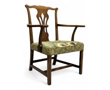 Georgian elm open armchair, shaped and eared cresting rail over Chippendale design pierced splat, shaped arms over dished sea
