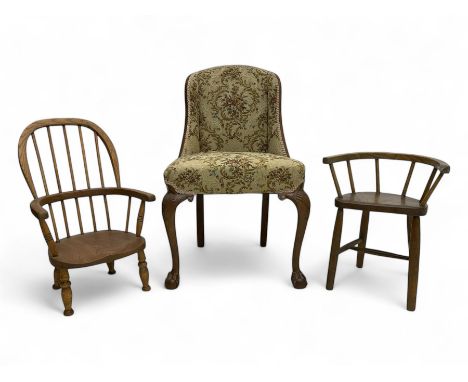 Early 20th century Art Deco walnut framed side chair, upholstered in tapestry fabric, on ball and claw feet; and two child’s 