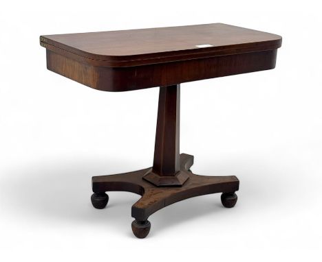 19th century mahogany card table, rectangular foldover swivel top with rounded corners, green baize-lined surface, supported 