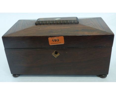 An early 19th century rosewood sarcophagus tea caddy with wheel engraved mixing bowl. 11' wide