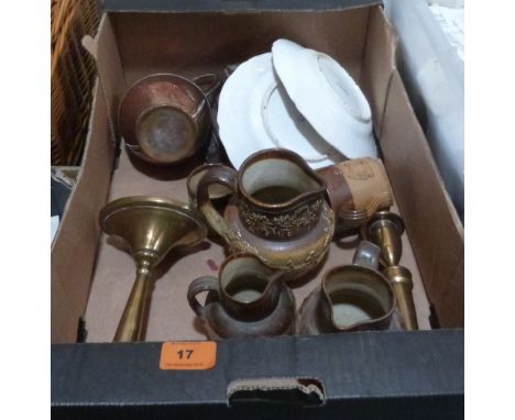 A box of copper, Grainger Worcester and stoneware etc.