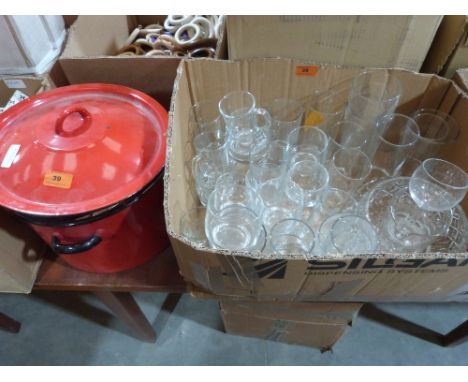 A box of glassware, enamel breadbin etc.