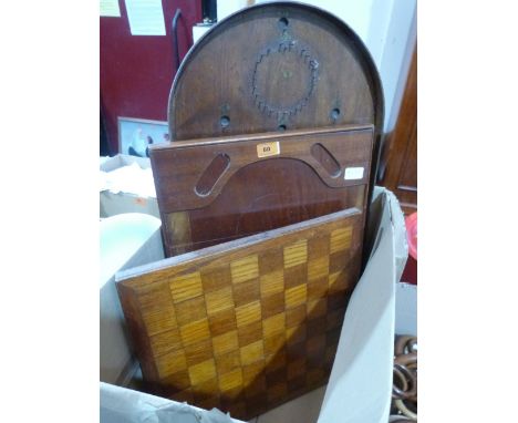 A mahogany shove ha' penny board, an oak chess or draughts board and a bagatelle board