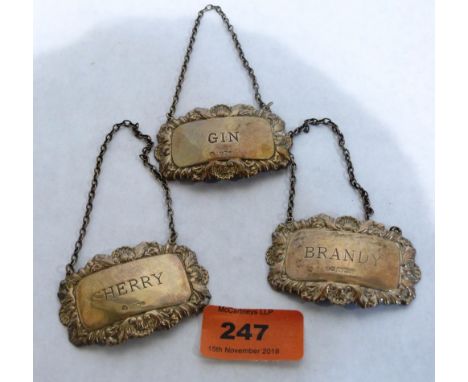 Three  silver bottle labels viz: GIN; BRANDY and SHERRY