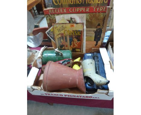 A Wills reproduced enamel sign, two vintage card back paper advertising signs, oil cans and other metalware