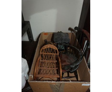 A miniature comb back Windsor chair, a cane rocking chair and a model veteran motorcar