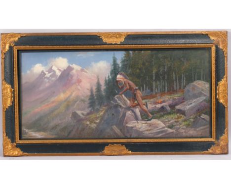 Early to mid-20th century American School, Native American in the mountains, oil on board, indistinctly signed Henry M..., 34