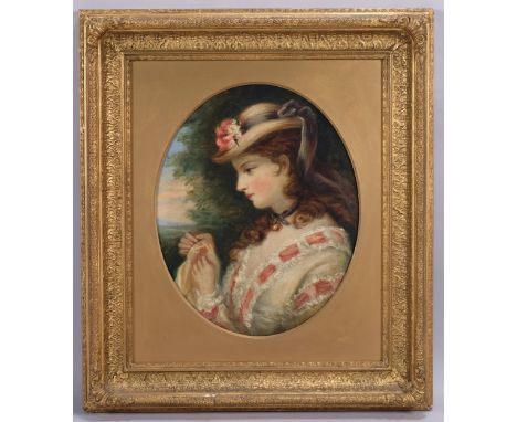 Portrait of a young woman wearing a flower-trimmed bonnet, 19th century oil on canvas, unsigned, image 38cm x 30cm, framedGoo