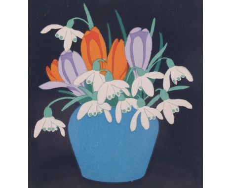 John Hall Thorpe (1874 - 1947), crocus, colour woodcut print, signed in pencil, image 16cm x 15cm, framed1 tiny fox mark in l