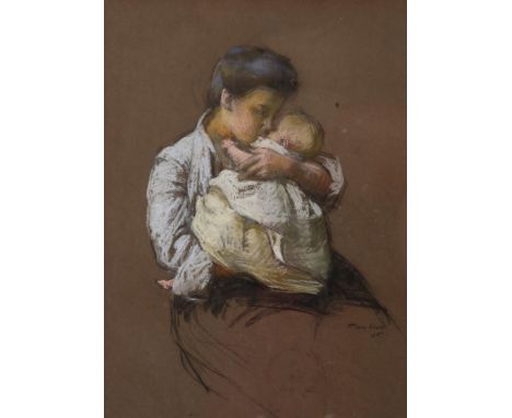 Flora Lion (1876 - 1958), portrait of a woman with an infant, pastel/charcoal on brown paper, signed and dated '05, 40cm x 30