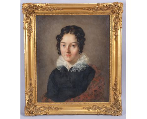 19th century English School, portrait of a girl with a lace-collared dress, oil on canvas, unsigned, 54cm x 45cm, framedCanva