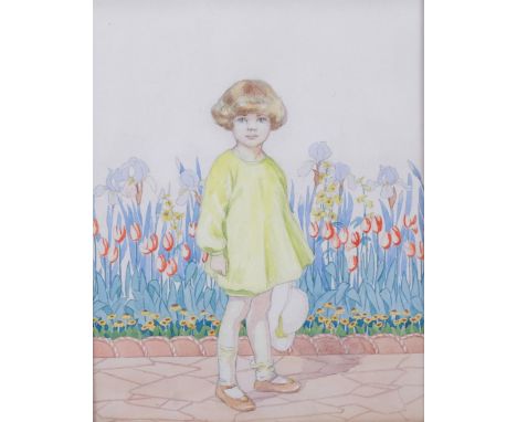 Portrait of girl in a yellow dress, watercolour, circa 1920, unsigned, image 28cm x 22cm, in original inlaid oak frame, overa