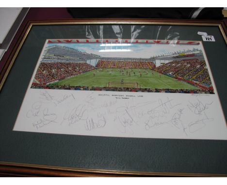 Terry Gorman 'Beautiful Bramall Lane' Colour Print, baring many signatures including Henry Spackman, Hartfield.
