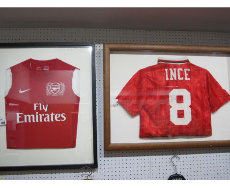 Paul Ince Autograph, ink signed on the back of a number 8 Manchester United Home Shirt, framed, Arsenal Nike Red Home Shirt, 