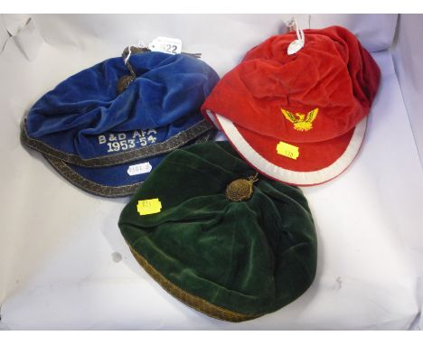 SPORTING MEMORABILIA, a Birmingham and District Amateur Football Association blue velvet cap, 1953-54 season, a red velvet sp