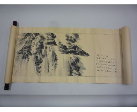 CHINESE SCHOOL, an ink scroll, 20th Century, mountain peak and lake, inscribed upper right and with seal lower left, 78cm x 3