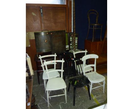 SIX VARIOUS PAINTED CHAIRS, a bentwood chair, two firescreens and a standard lamp (10)