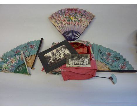 A VINTAGE THEATRICAL COSTUME, kimono, jacket, hat and fans with photographs