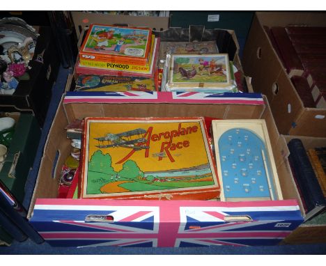 TWO BOXES OF VINTAGE GAMES, PUZZLES AND JIGSAWS, to include Glevum Series 'Aeroplane Race' and Chad Valley Bagetelle (content