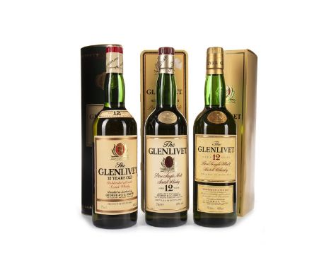 GLENLIVET AGED 12 YEARS (3) Single Malt Scotch Whisky 2x70cl &amp; 1x75cl, in tube, carton and Classic Golf Courses tin. Thre