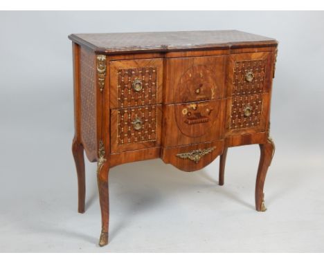 French walnut commode / chest of two drawers, matching geometric and floral panels to top and front, brass laurel and leaf fu