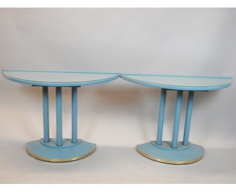 Pair of demi-lune console hall tables in the manner of Thonet, tri-column supports, brass band to base, later paintwork, 106c
