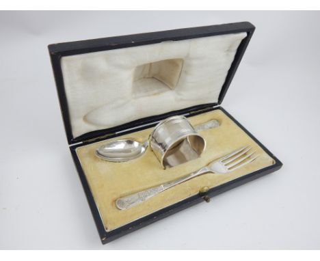 George V silver Christening fork and spoon Sheffield 1913 cased with an associated silver napkin ring.