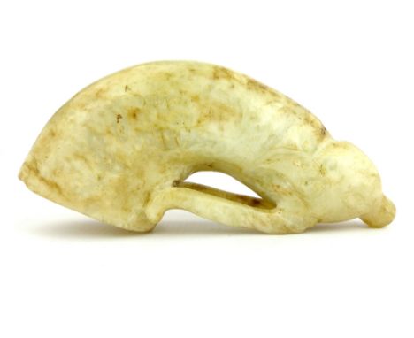 A mutton fat jade Chinese rhyton cup with carved antelope handles, 14cm long.