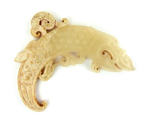 A carved and pierced white jade Chinese fish dragon pendant decorated with ''sleeping silkworm cocoon'' pattern.