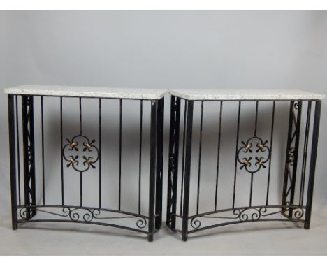 Pair of console hall tables, variegated burgundy grey fleck marble tops, steel bases/guards with scroll decoration, 97 x 103c