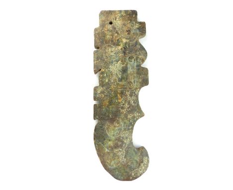 A Ch'ing style opaque grey green jade sounding stone shaped pendant with incised decoration to both sides, 22cm long.
