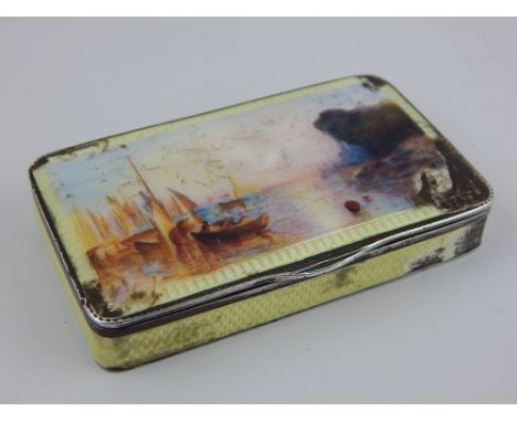 Early 20th century Silver and enamelled snuff box, decorated with ships at sea to top and engraved design to base, hallmarked